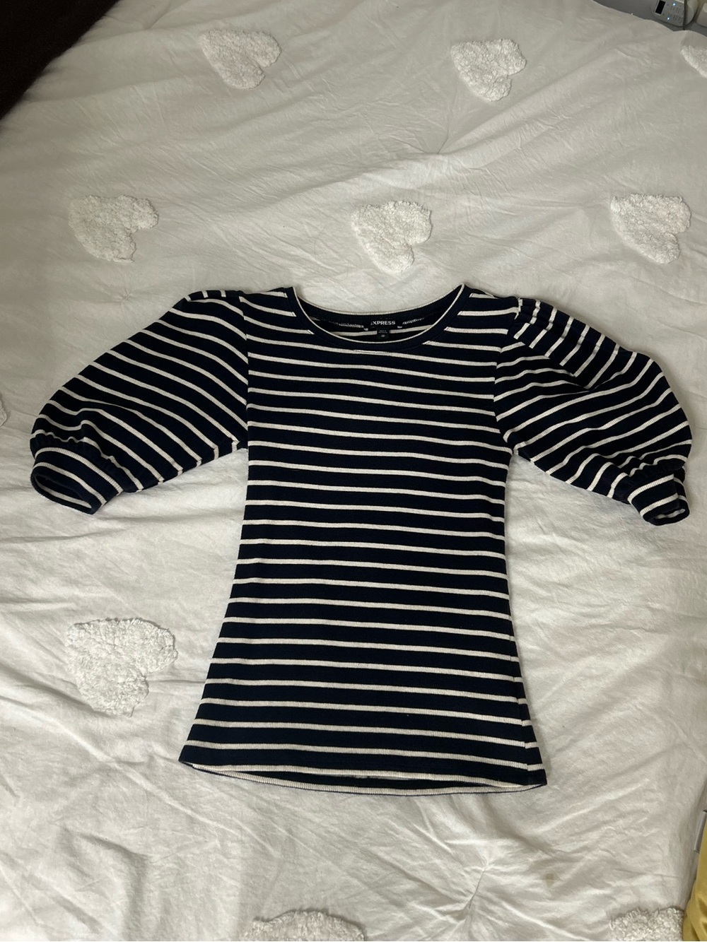 Express Navy & White Striped Puff-Sleeve Tee